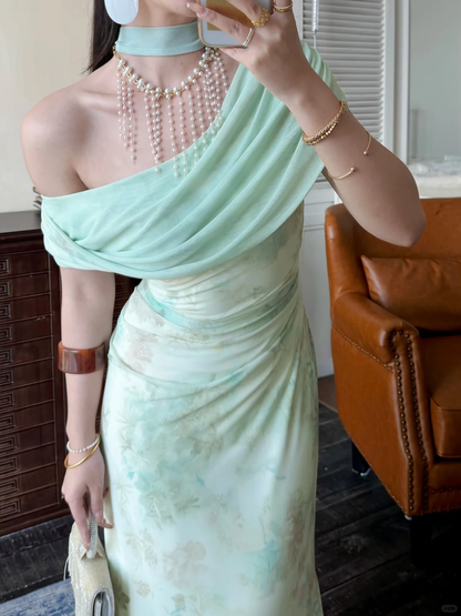 Gentle Light Green Mermaid Print Floral Chiffon Long Prom Dress Evening Dress DP5648