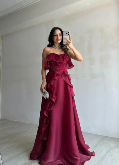 Ethereal A Line Strapless Ruffle Burgundy Chiffon Long Prom Dress Evening Dress DP6922