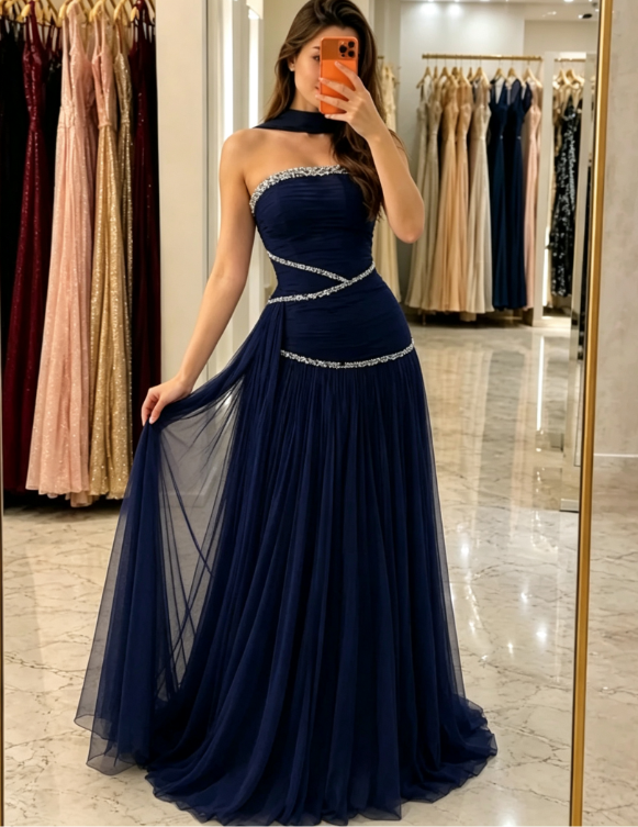 Stunning Navy Blue A Line Strapless Shiny Rhinestone Chiffon Prom Dress Evening Dress DP5634