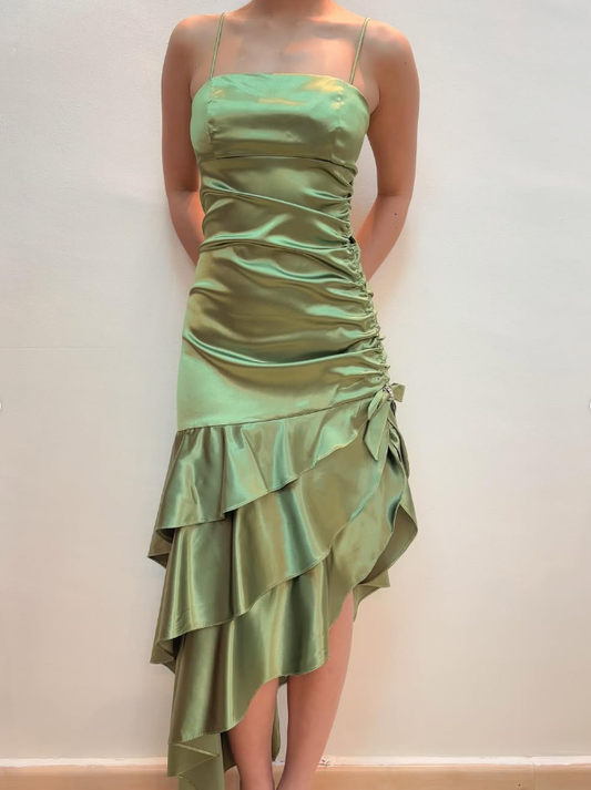 Vintage Sheath Spaghetti Strap Ruffles Green Satin Prom Dress Evening Dress DP1631