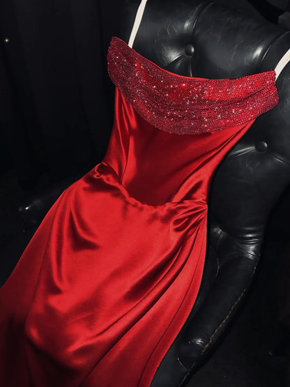 Burgundy A Line Strapless Sequin Satin Long Prom Dress Graduation Prom Dress DP1965