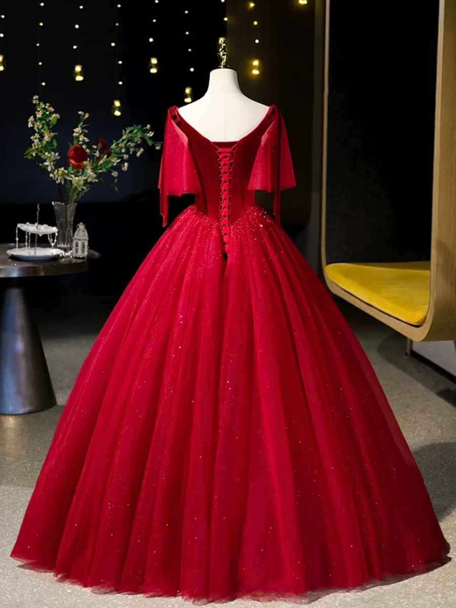 Red Velvet Tulle Beaded Formal Prom Dress Evening Party Dress DP398