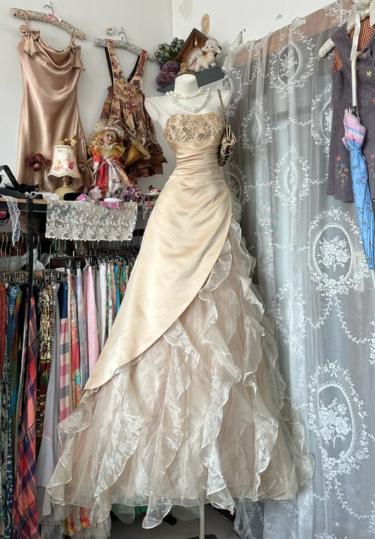 Apricot A Line Strapless Beaded Ruffle Organza Satin Prom Dress Evening Dress DP5622