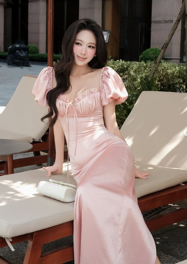 Simple Sheath Puff Sleeve Pink Satin Prom Dress Evening Dress DP5929