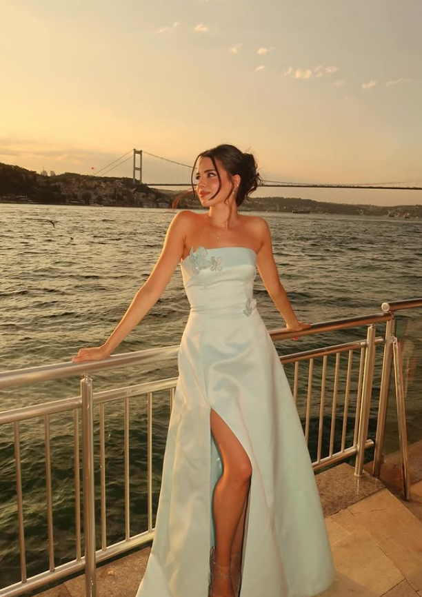 Elegant A Line Strapless Blue Satin Prom Dress Evening Dress with Slit DP5912