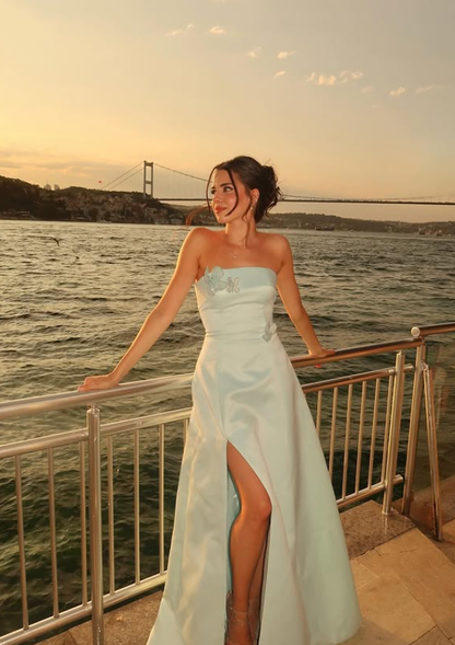 Elegant A Line Strapless Blue Satin Prom Dress Evening Dress with Slit DP5912