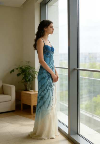 Exquisite Retro Blue Ombre Beaded Flower Chiffon Long Party Dress Date Dress DP2933