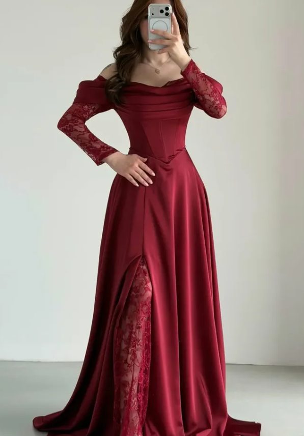 Elegant Burgundy A Line Long Sleeve Lace Satin Prom Dress Evening Dress DP5631