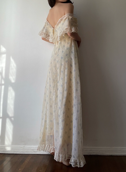 Yellow Print Floral A Line Off the Shoulder Lace Chiffon Prom Dresses Evening Dress Date Dress DP3421