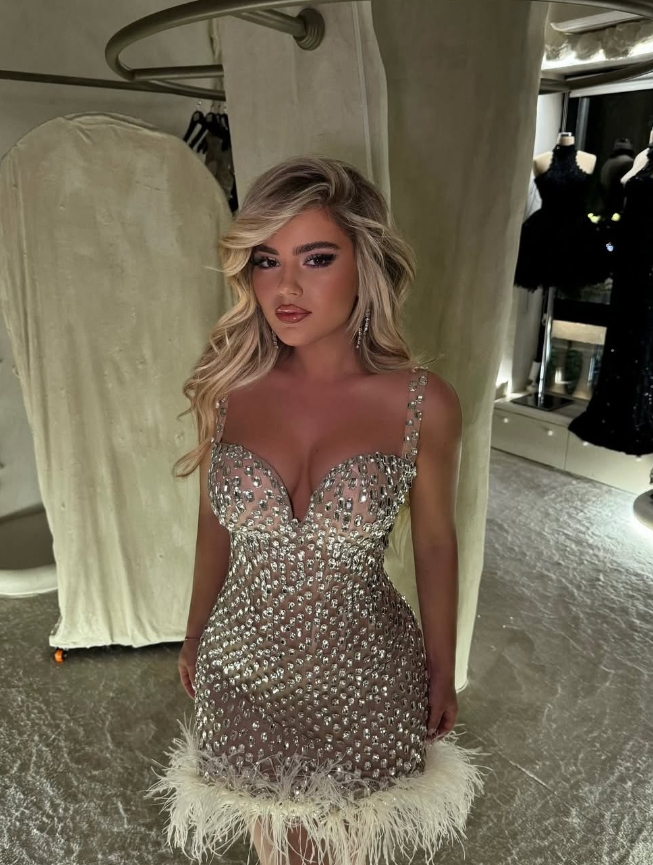 Stunning Rhinestone Sheath Straps Feather Tulle Short Prom Dress Homecoming Dress DP6129