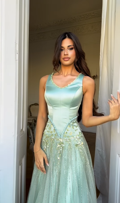 Unique Green A Line V Neck Beaded Satin Long Prom Dress Evening Dress DP6059
