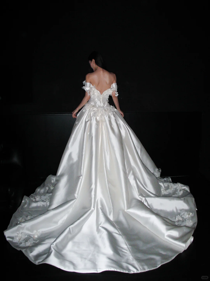 Elegant Ball Gown Off the Shoulder White Appliques Satin Long Train Wedding Dress DP8089