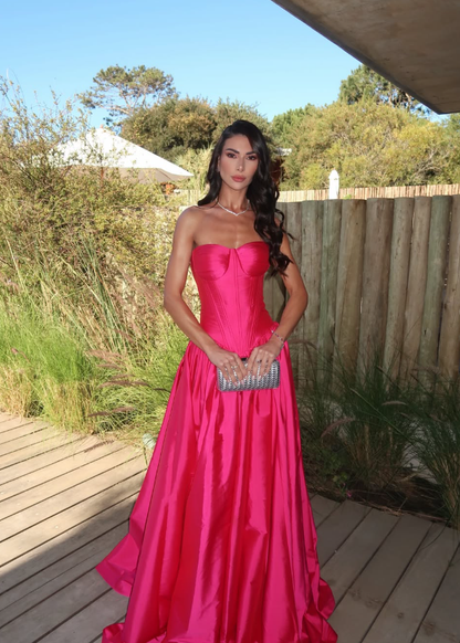 Pretty Hot Pink A Line Sweetheart Neck Satin Long Prom Dress Evening Dress DP6217