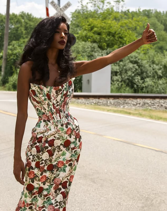 Vintage Mermaid Strapless Print Floral Satin Prom Dress Outfits DP4378