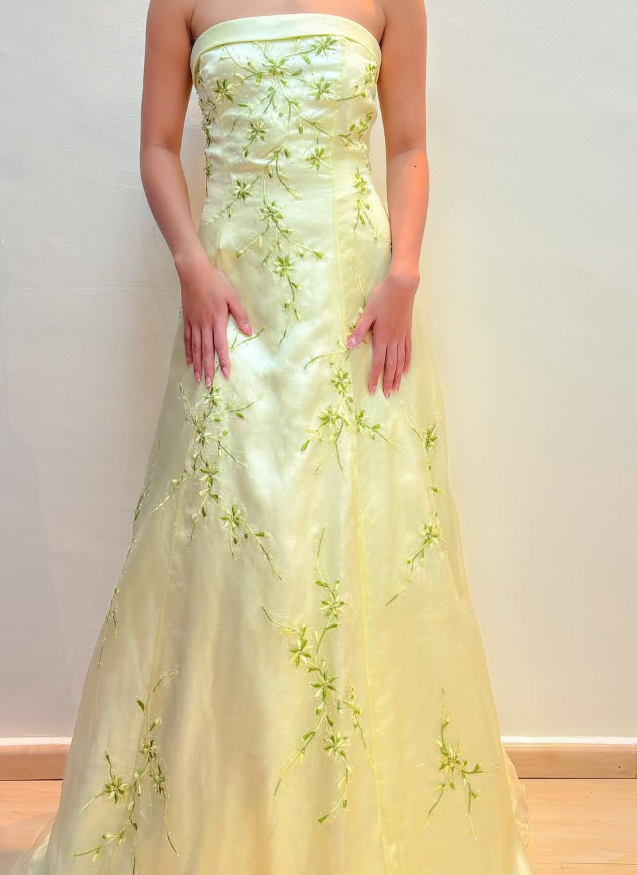 Elegant A Line Strapless Embroidery Light Yellow Satin Prom Dress Evening Dress DP1641