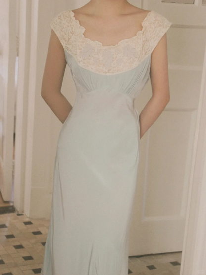 Vintage Baby Blue A Line Straps Lace Satin Long Prom Dress Evening Dress DP6460