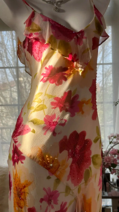 Colorful Romantic Floral Elegant Fashion Exquisite Beaded Long Chiffon Ball Dress Evening Dress Party Dress Valentine's Day Date Dress DP5080