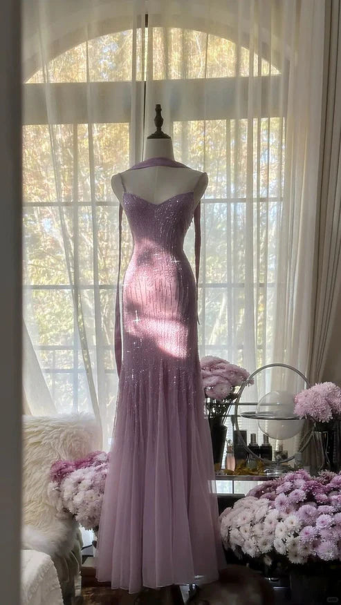 Lilac Mermaid Spaghetti Strap Beaded Chiffon Long Prom Dress Graduation Prom Dress DP5745