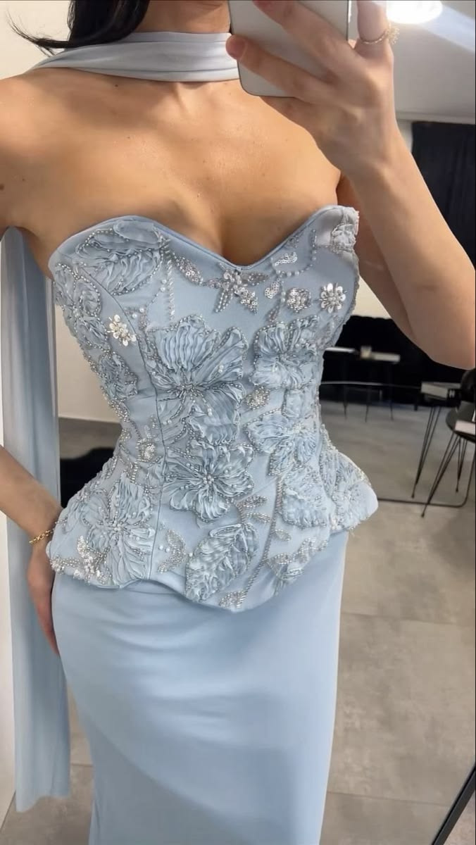 Two Piece Baby Blue Sheath Strapless Beaded Satin Prom Dress Evening Dress DP5773