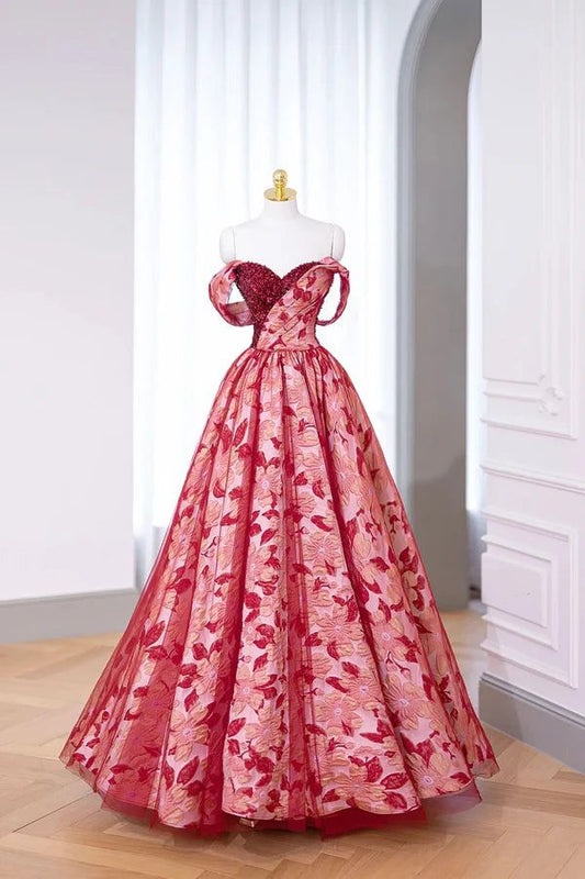 Burgundy A Line Off-the-shoulder Sequins Printing Floor Length Prom Dress DP823
