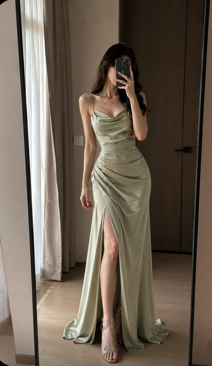 Sage Green Mermaid Spaghetti Strap Simple Satin Slit Prom Dress Party Dress DP6552