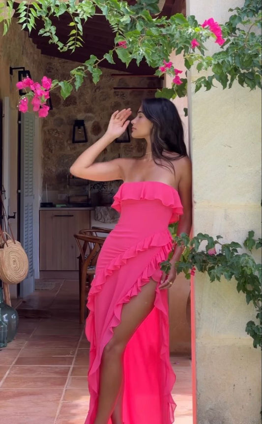 Hot Pink Sheath Strapless Ruffled Chiffon Long Evening Dress DP985