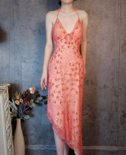 Stunning Sheath Halter Beaded Pink Chiffon Open Back Party Dress Evening Dress DP2366