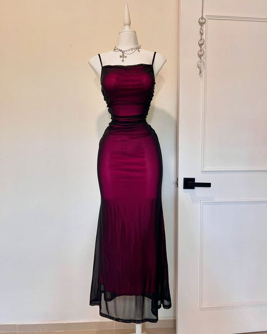 Sexy Sheath Spaghetti Strap Black Chiffon Burgundy Satin Evening Dress Party Dress DP3189