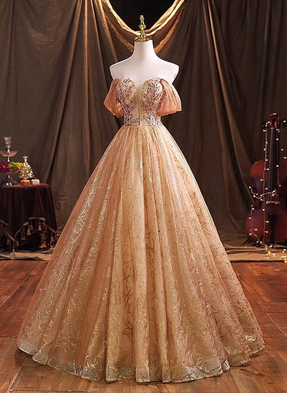 Gold A Line Off-the-shoulder Sequin Tulle Long Ball Gown Formal Dress DP888