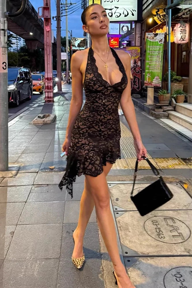 Sexy Sheath V Neck Print Black Lace Satin Short Homecoming Dress DP7408