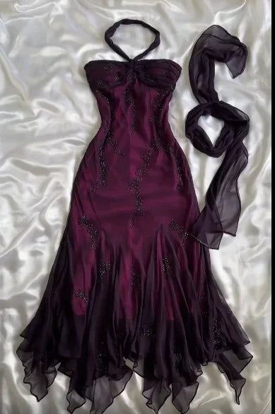 Vintage Mermaid Halter Beads Ruffles Chiffon Prom Dress Evening Dress DP1438