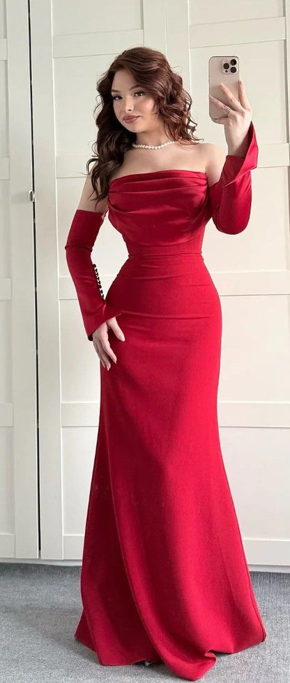Cute Red Mermaid Long Sleeve Satin Prom Dress Evening Dress DP6722