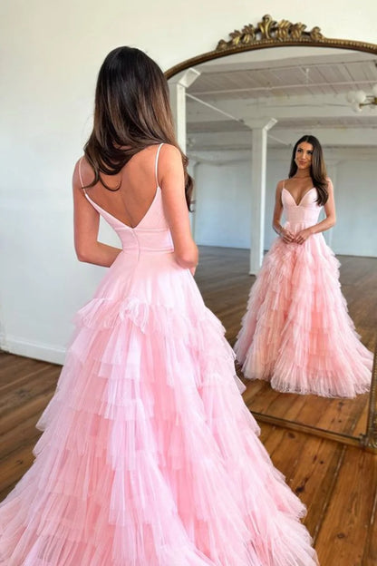 Pink Ball Gown Spaghetti Strap Layered Tulle Long Prom Dress DP7749