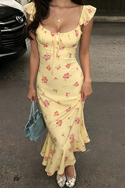 Summer Mermaid Strap Pink Flower Print Yellow Satin Prom Dress Evening Dress DP5573