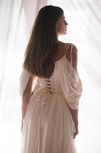 Gentle White A Line Off the Shoulder Chiffon Satin Birthday Dress Wedding Dress DP3033