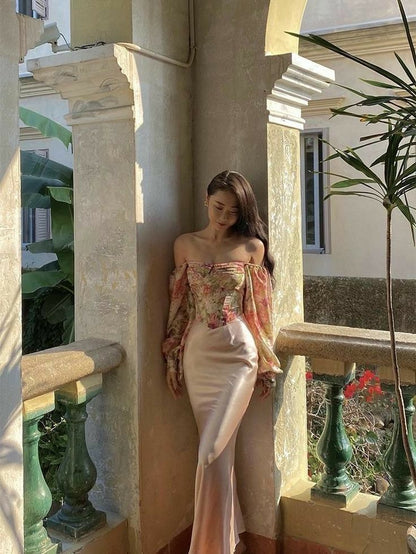 Two Piece Sheath Long Sleeve Print Satin Long Prom Dress Date Dress DP7015