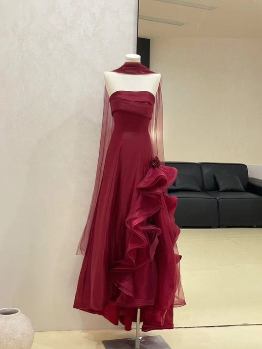 Burgundy Elegant A Line Strapless Satin Tulle Long Prom Dress Evening Dress DP2898