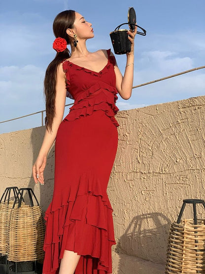 Sexy Burgundy Mermaid Spaghetti Strap Layered Chiffon Formal Gown Evening Dress DP3428