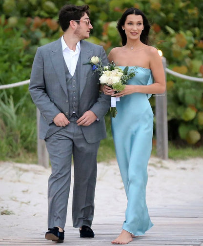 Simple Ice Blue A Line Strapless Satin Backless Long Bridesmaid Dress DP4969