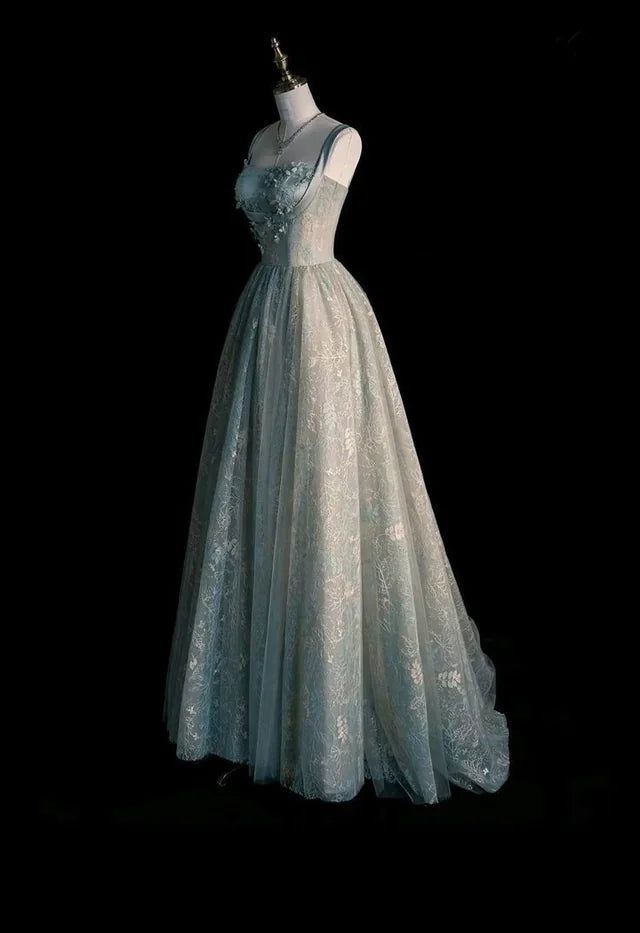Gentle Sage Green A Line Straps Beaded Lace Prom Dress DP5179