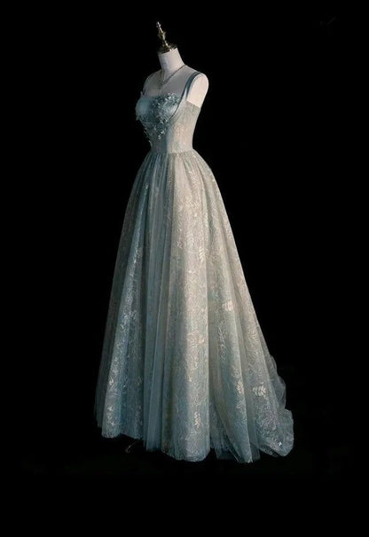 Gentle Sage Green A Line Straps Beaded Lace Prom Dress DP5179