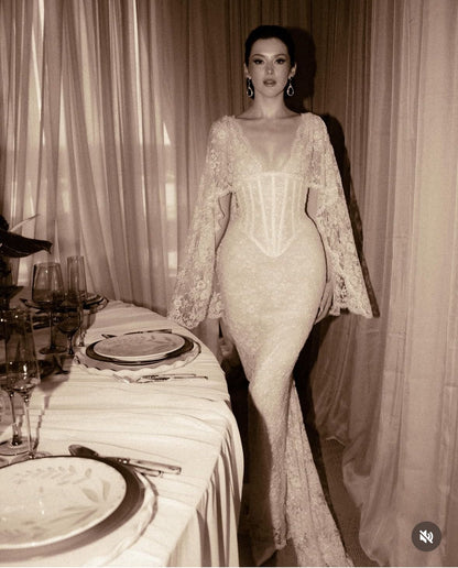 Classic Mermaid V Neck Corset Lace Long Sweep Party Dress Prom Dress Wedding Dress DP3730
