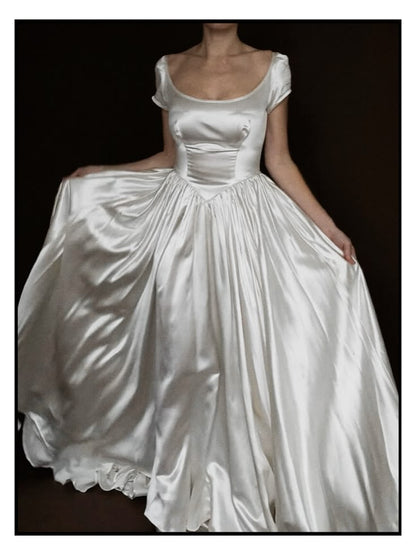1940s Boat Neck Ballet White Satin Long Wedding Dress DP5211