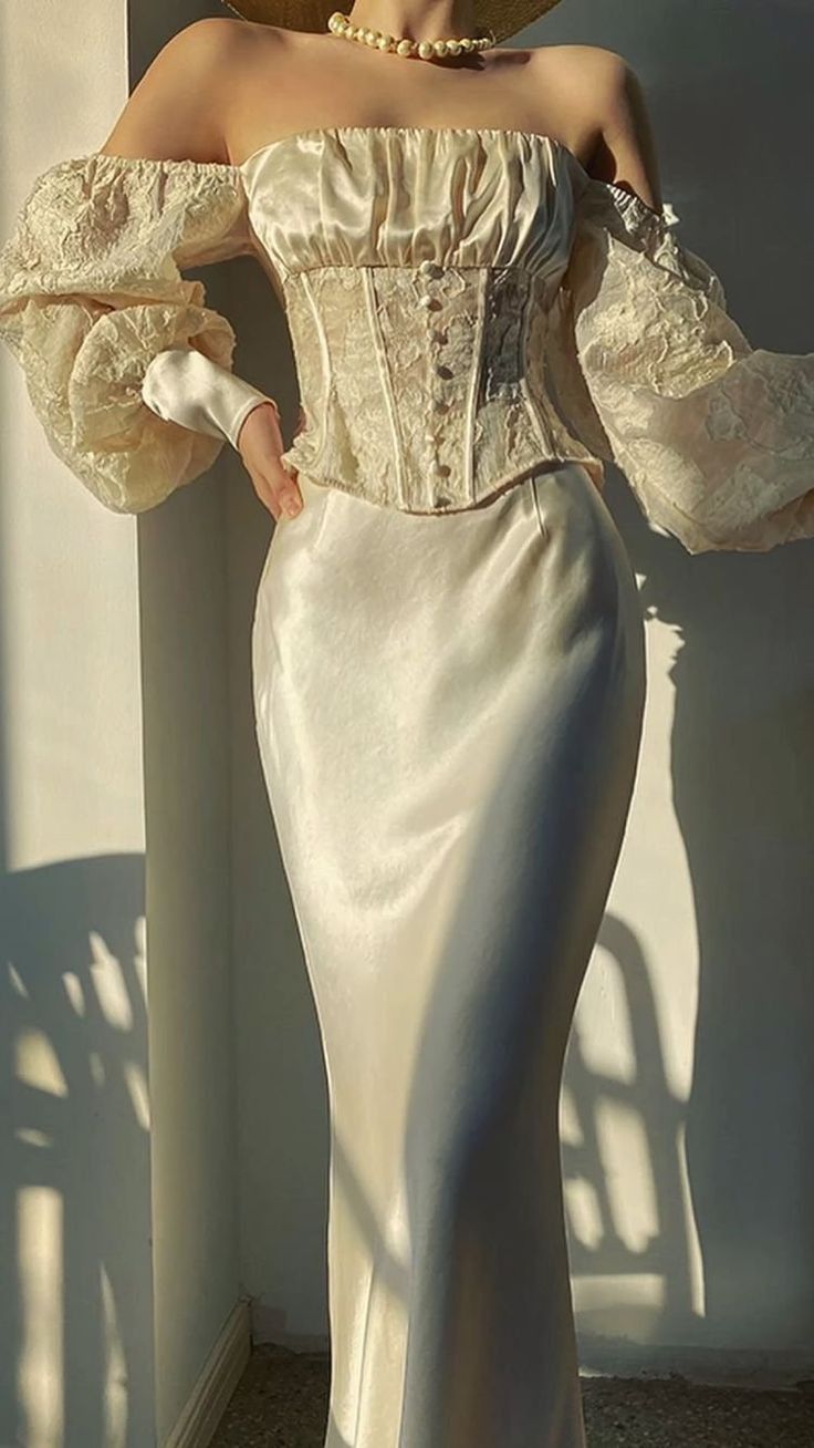 Two Piece Sheath Long Sleeve Ivory Lace Satin Long Prom Dress Date Dress DP7016