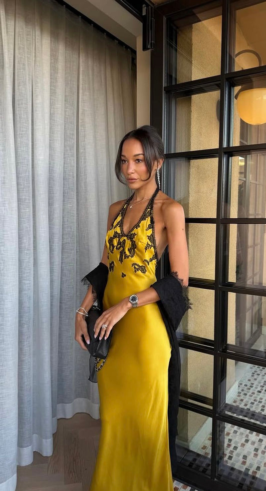 Vintage Sexy Sheath V Neck Yellow Satin Prom Dress Evening Dress DP5511
