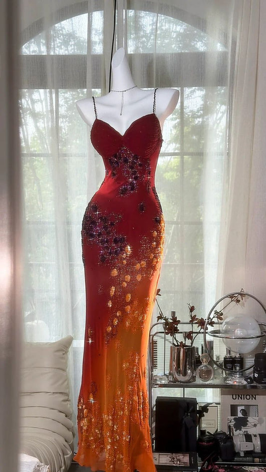 Orange Red Ombre Sheath Spaghetti Strap Exquisite Beaded Chiffon Prom Dress 21th Birthday Dress DP3899