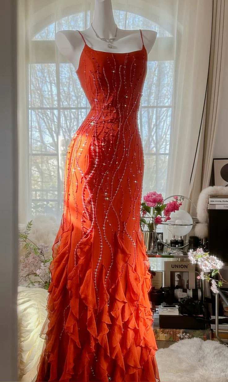 Charming Mermaid Spaghetti Strap Beaded Ruffle Chiffon Long Party Dress Evening Dress DP2335