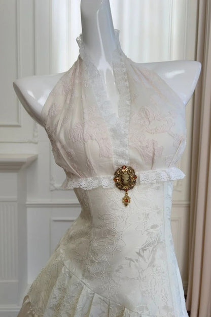 Vintage A Line V Neck White Print Floral Lace Satin Long Prom Dress Evening Dress DP4741