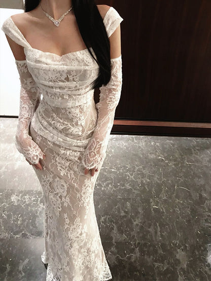 Beautiful White Mermaid Straps Lace Long Prom Dress Evening Dress DP6717