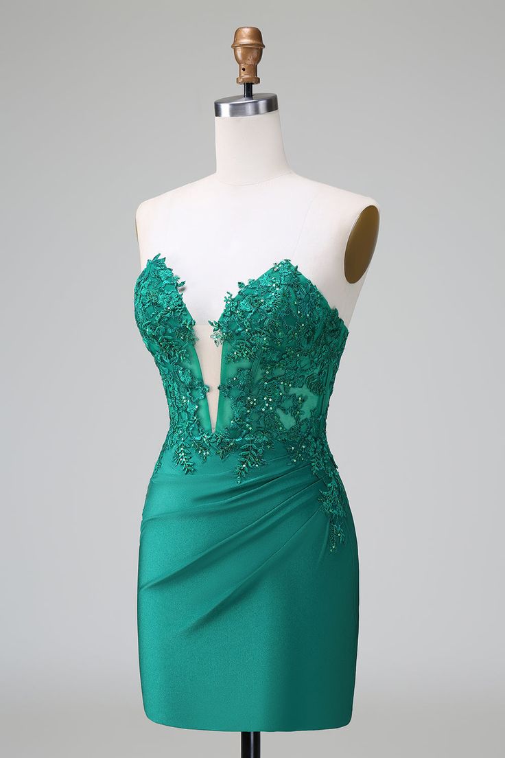 Sheath Strapless Deep V-Neck Applique Satin Short Prom Dress DP781